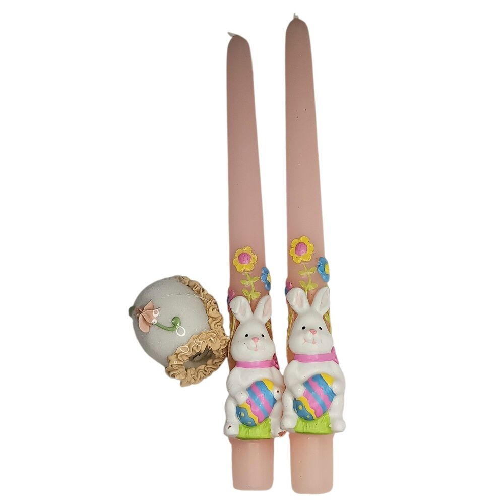 Vintage Easter Bunny Taper Candles 2 Pink & White Sugar Panorama Egg With Chick